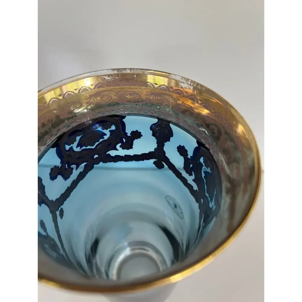 Vintage J Preziosi Lavorato a Mano Italian Blue Glass Vase Gold Overlay JL